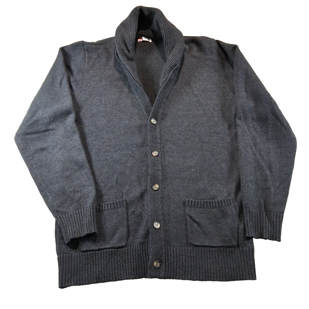 H2H Cardigan Sweater Mens L Dark Gray Shawl Collar Button Up Cotton Blend Chunky